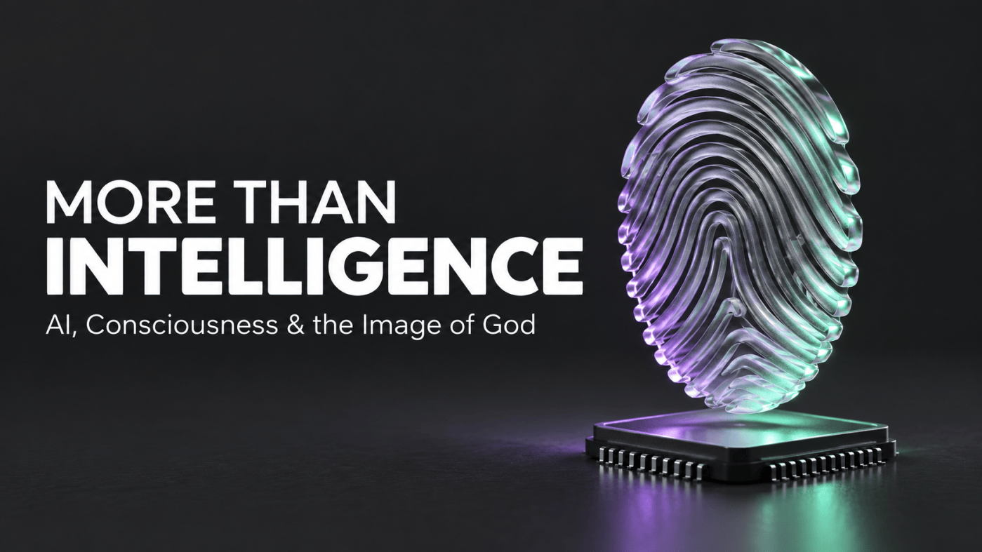 Conceptual glass fingerprint above a computer chip with the headline More Than Intelligence.