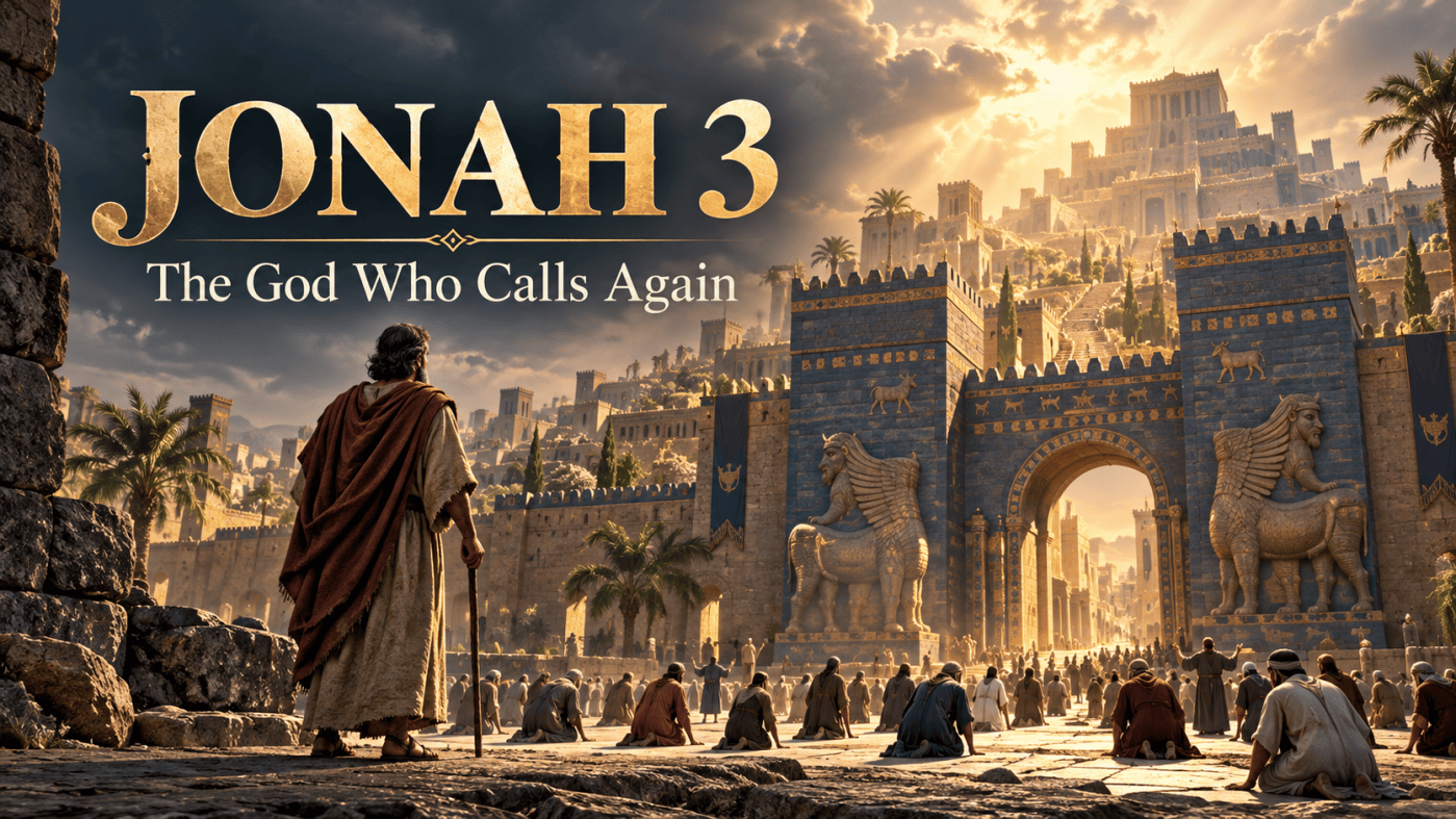 Illustration of Jonah overlooking Nineveh as its people kneel in repentance, with the title Jonah 3: The God Who Calls Again.