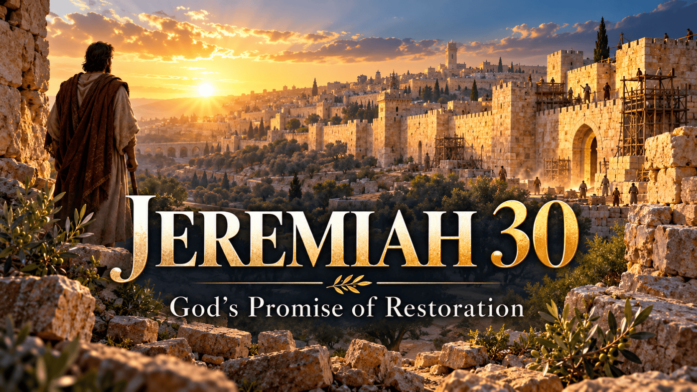 Illustration of Jerusalem being rebuilt at sunrise, titled Jeremiah 30: God’s Promise of Restoration.
